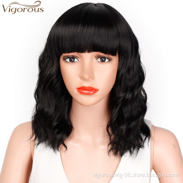 Vigorous Bob Wavy Curly Wig Synthetic Short Black Wig with Bangs Natural Looking Heat Resistant Fiber Hair for Women